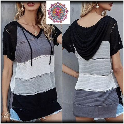 Short sleeve hooded sweater knit top