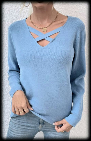 Blue criss cross chest sweater