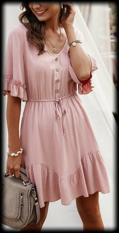 Pink elastic waist ruffle sleeve dress