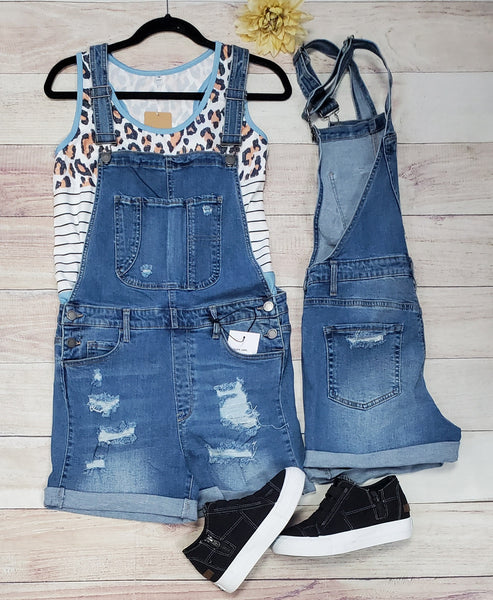 Distressed short overalls