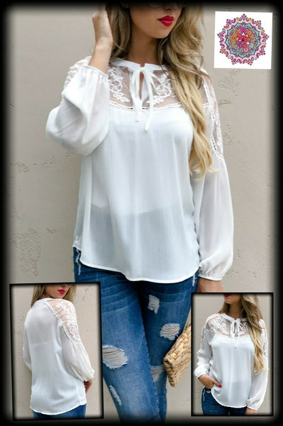 Long sleeve crochet & lace detail blouse