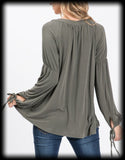 Loose fit v-neck olive top with sleeve ties