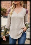 Long sleeve V-neck sweater knit color block top
