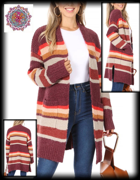 Open front striped pocket cardigan