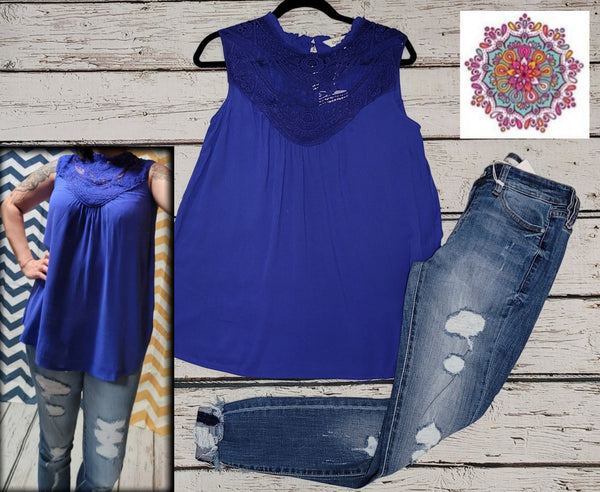 Royal blue lace chest sleeveless rank top