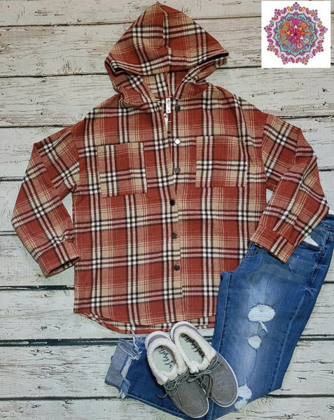 Rust brown plaid hooded flannel shirt
