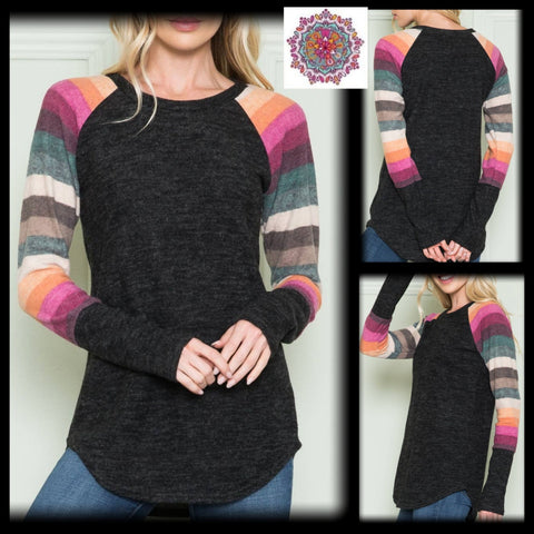 Hacci brushed striped long sleeve top