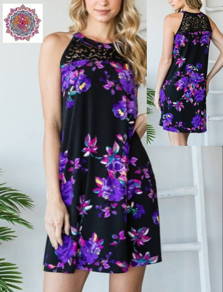 Black floral halter A-line dress