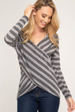 Long sleeve striped knit cross front top