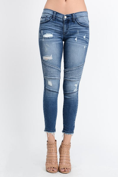Distressed moto ankle skinny jeans