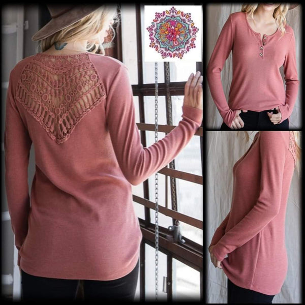 Long sleeve  waffle knit top with crochet lace back